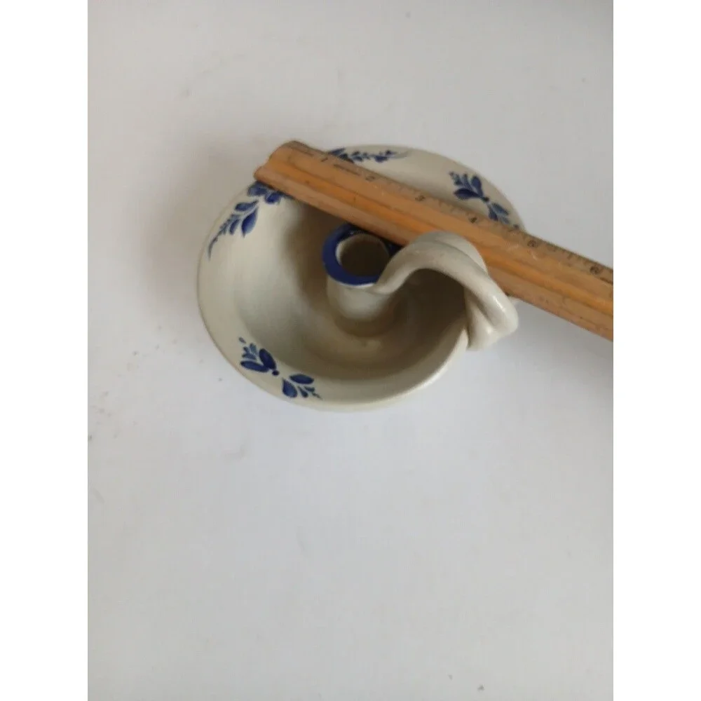 Vtg Williamsburg Pottery Salt Glazed Blue Stencil  Crock Candlestick Holder